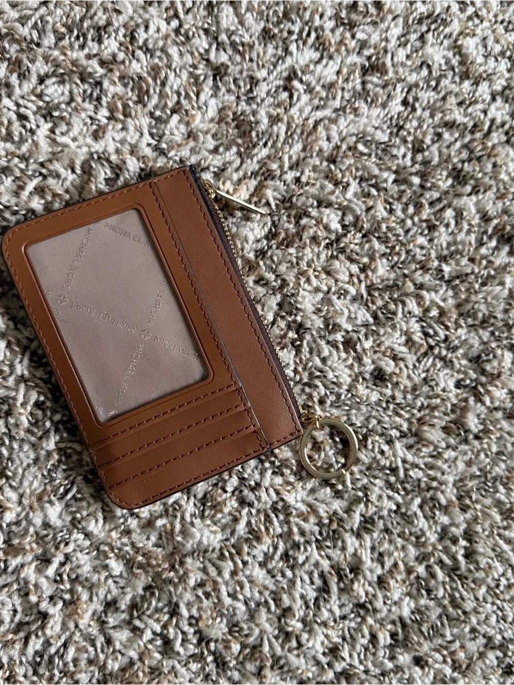 Michael Kors Dark Brown Monogram Zip Card Wallet with Gold Logo